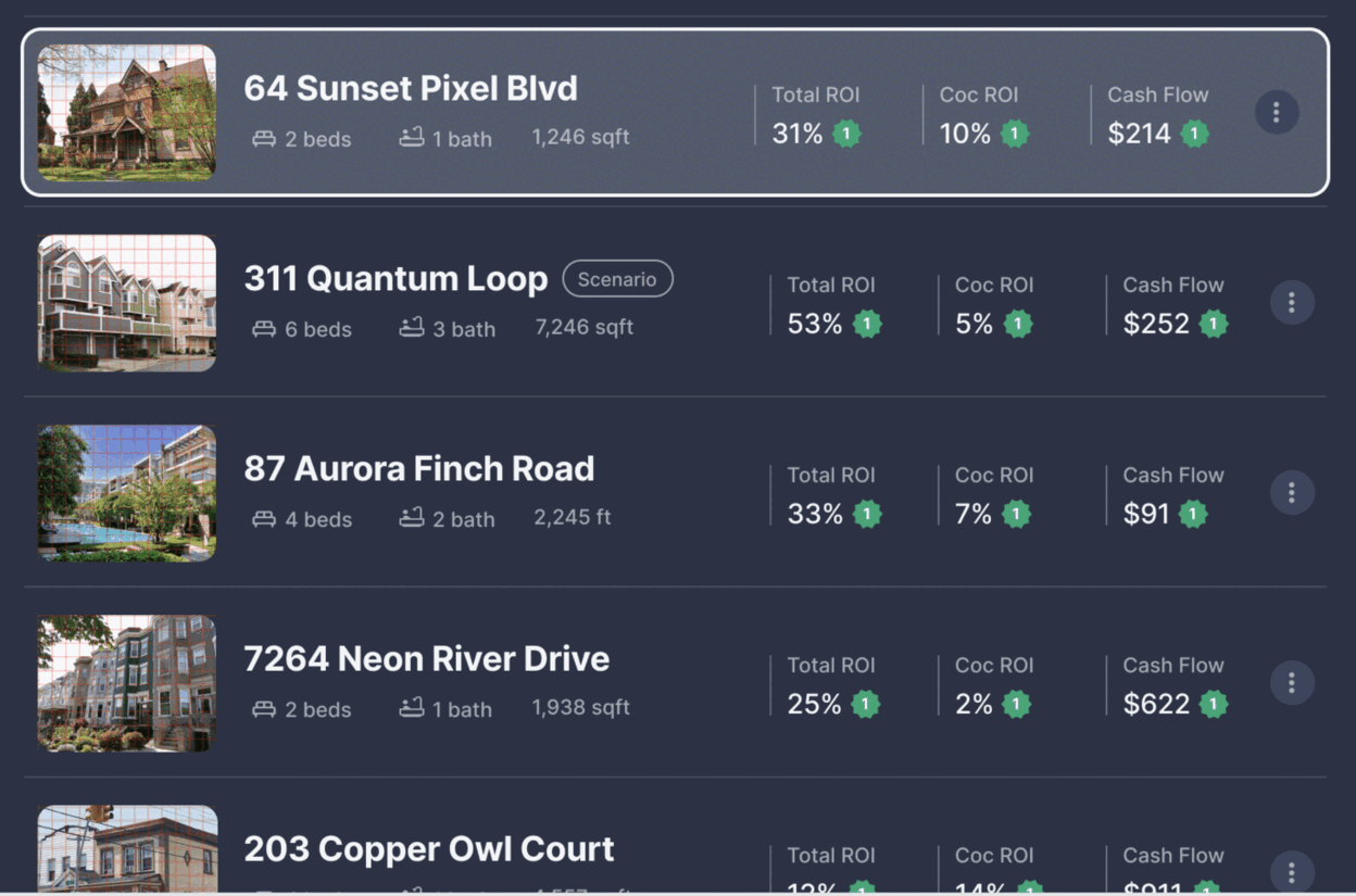A real-estate agent's client portfolio rendered as a database-style table inside Portfolio Projector